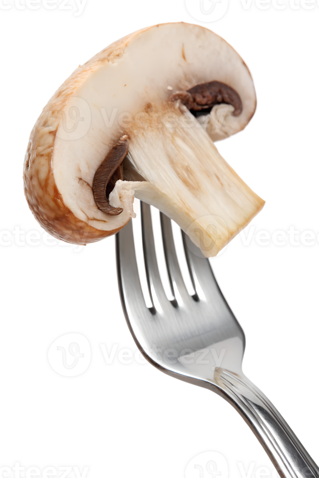 Mushroom on fork isolated on transparent background, organic ingredient, vegan food, cooking ingredient png