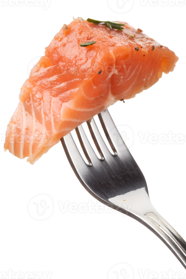 Fresh salmon fillet on fork isolated on transparent background, healthy food, seafood, delicious meal, close-up, high protein png
