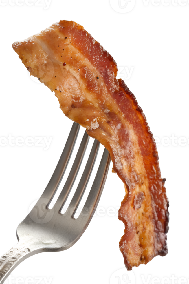 Crispy bacon on fork isolated on transparent background, breakfast food, smoky flavor, meat, appetizing png