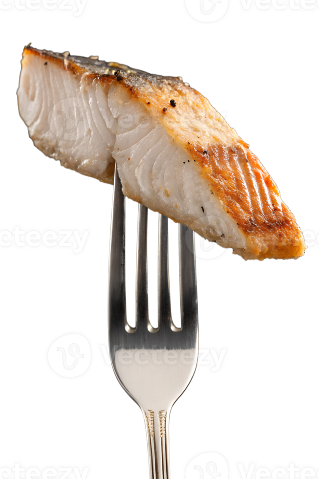 Grilled fish fillet on fork isolated on transparent background, cooked seafood, healthy dinner, white fish png