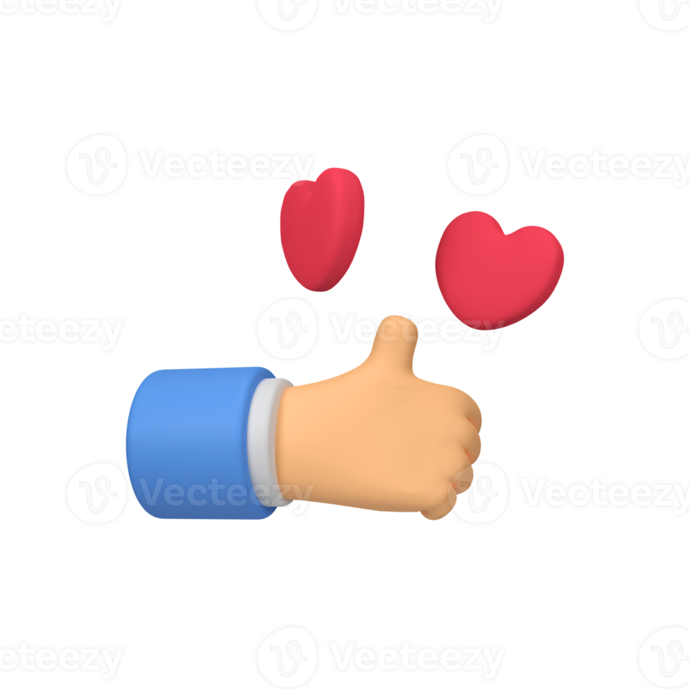 Hand like and red heart love isolated 3d render icon illustration png