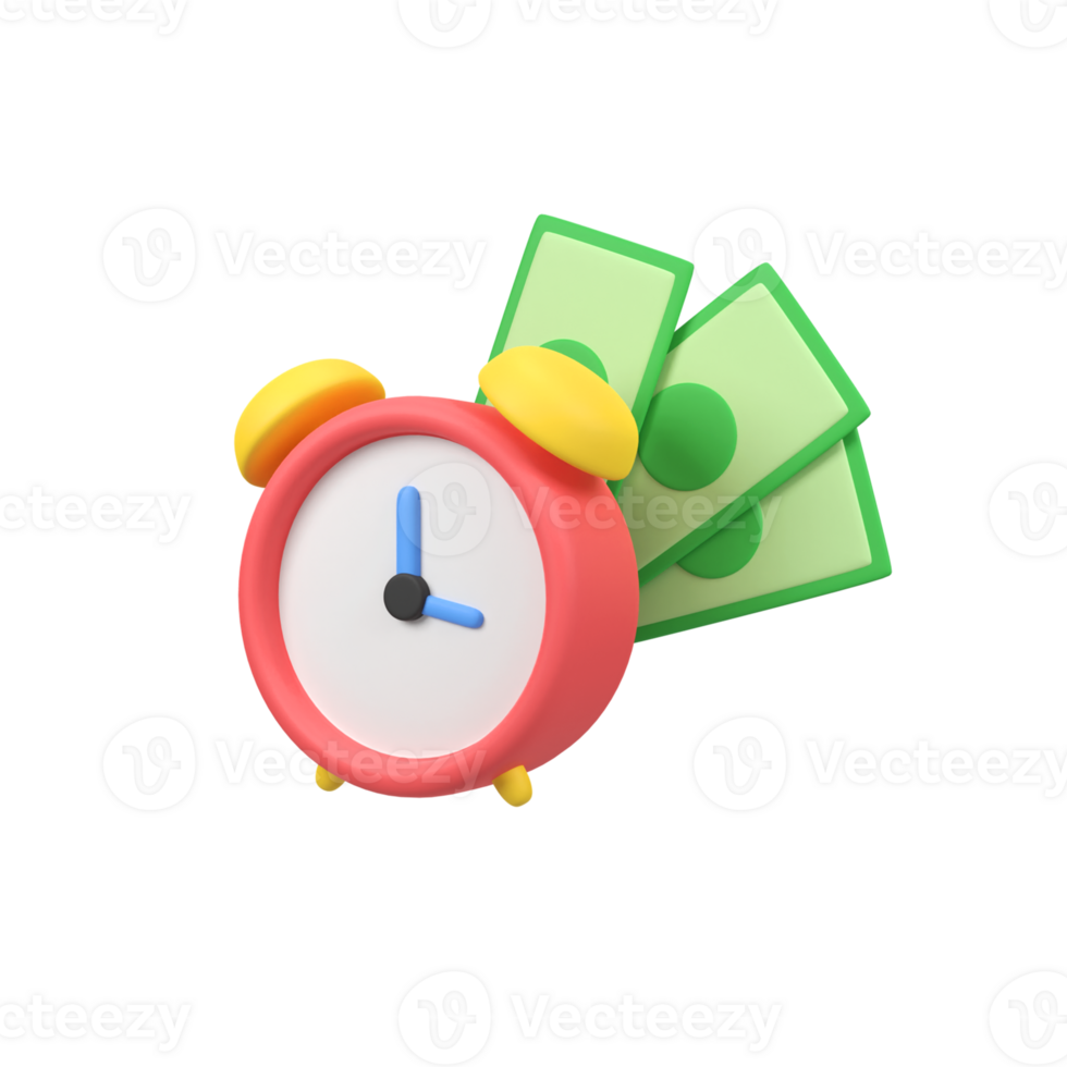 Alarm clock with money isolated 3d render icon illustration png