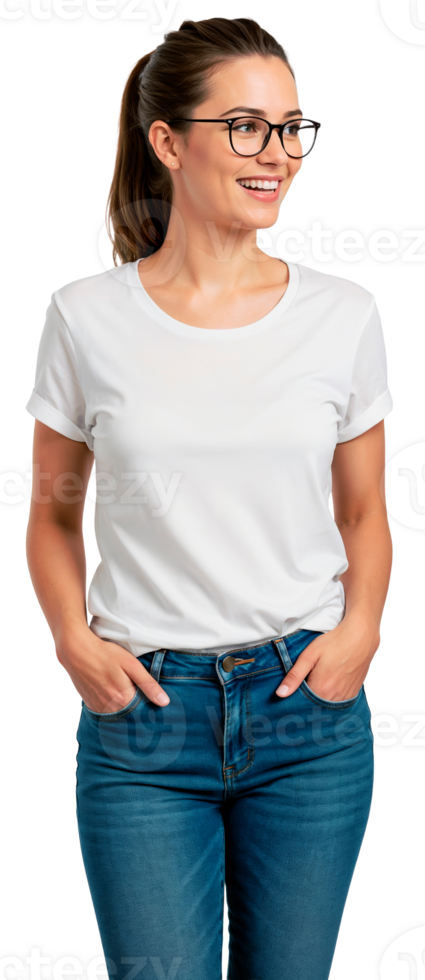 Young smiling Caucasian woman wearing eyeglasses and a blank white t-shirt with her hands in her pockets cut out png