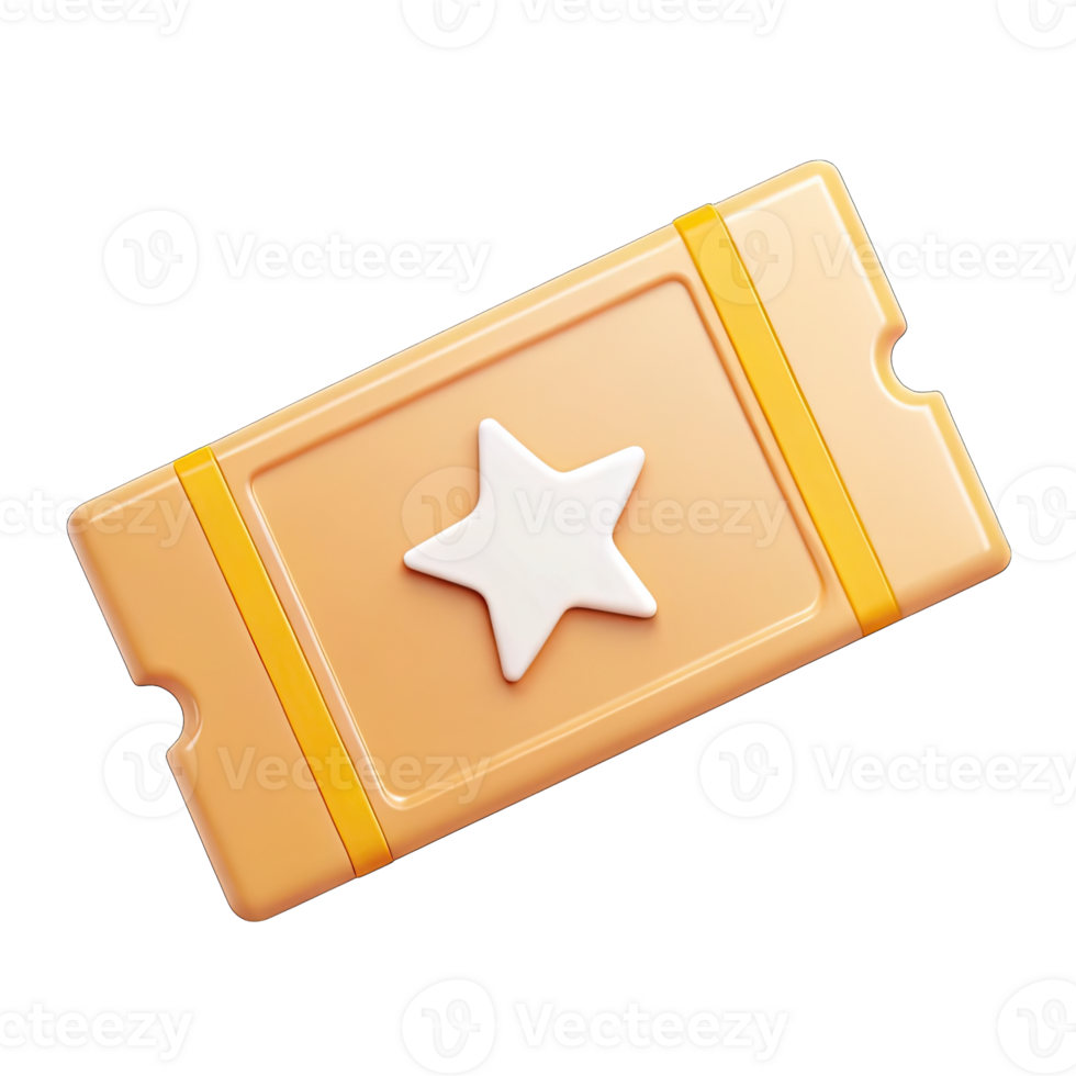 Golden Ticket with White Star Icon on a Transparent Background, Cartoon Style png