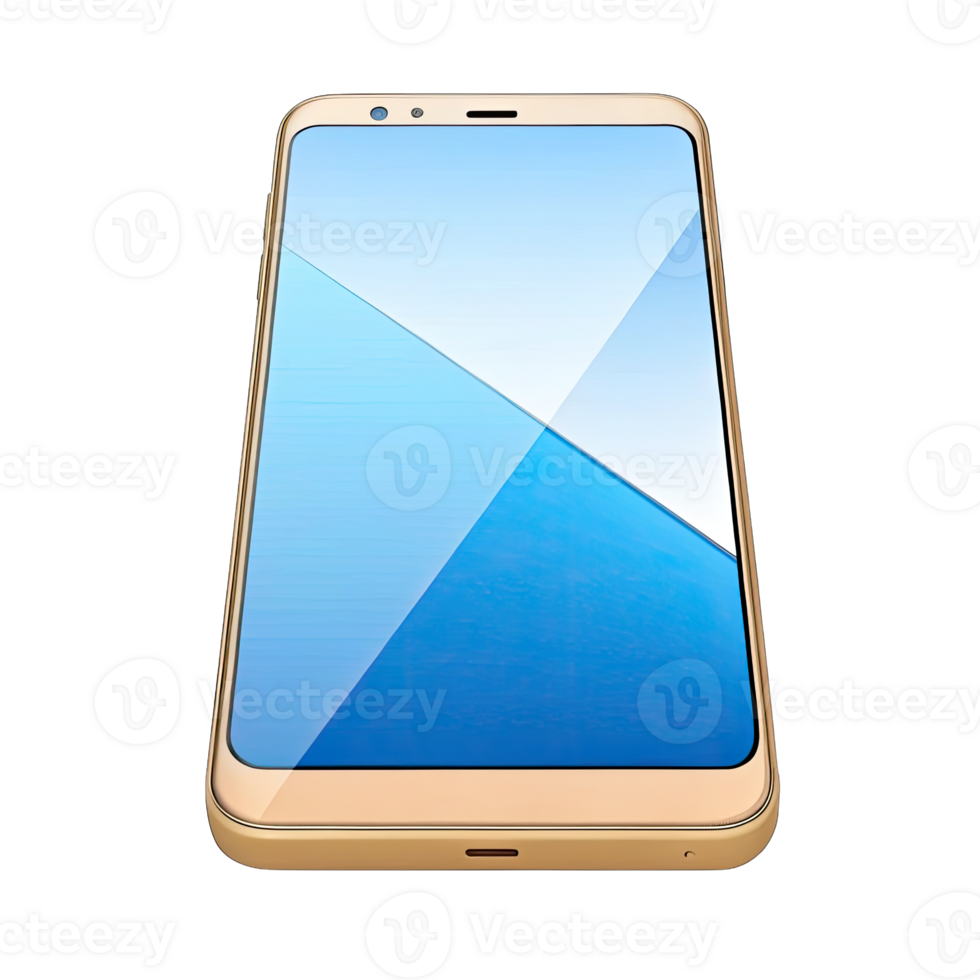 Golden Mobile Phone with Blue Screen Design on Transparent Background View From Above png
