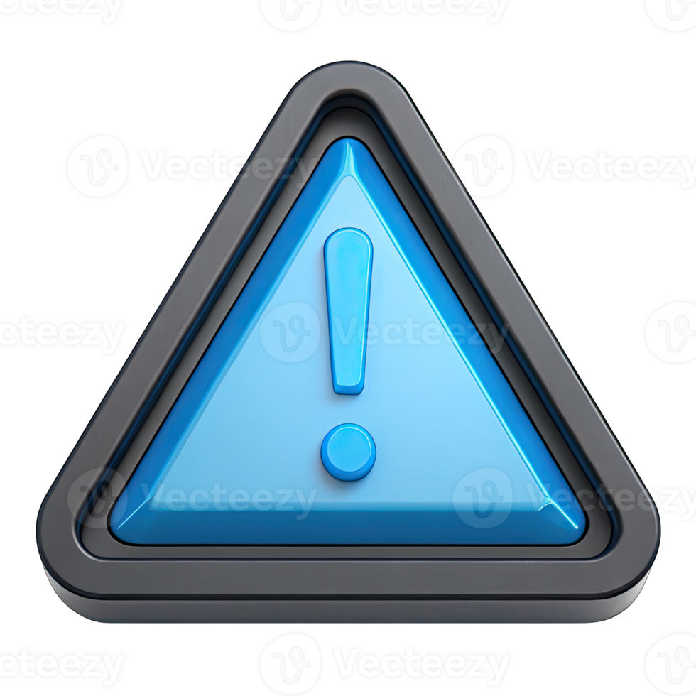 3D Blue Triangle Exclamation Point Icon in Grey on Transparent Background png