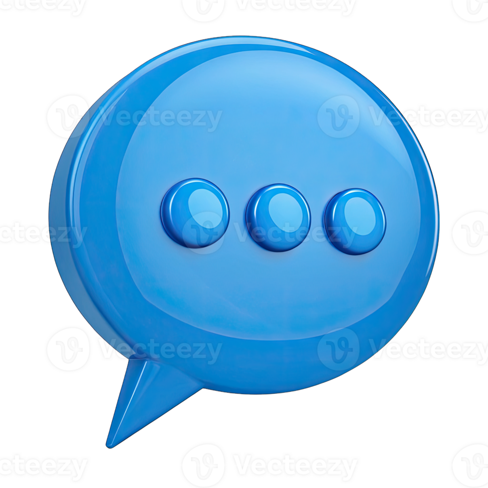 Blue Speech Bubble Icon with Dots, Glossy Rendering on Transparent Background png