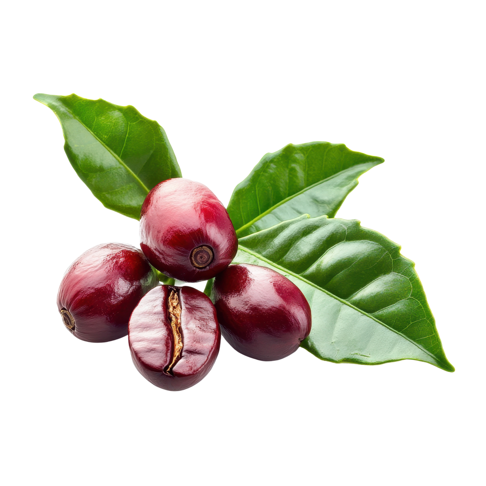 Fresh ripe coffee cherries with green leaves on a clean Transparent background showcasing their vibrant color and texture, ripe coffee with leaf on background png