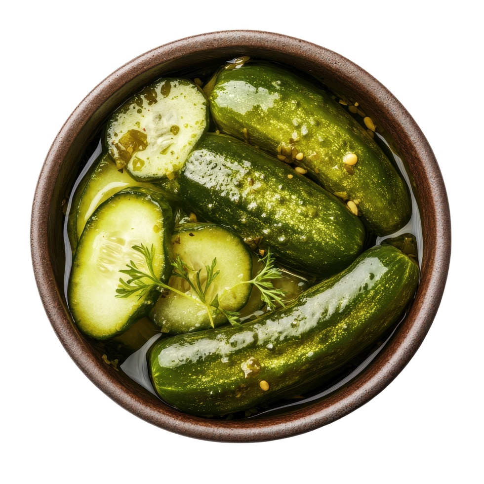 Pickled cucumber in a bowl showcasing a vibrant green color and tangy flavor profile, Pickled cucumber in a bowl top view isolated on Transparent background png