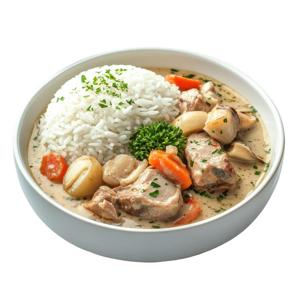 Savor delicious blanquette veal with tender white rice in a comforting dish, Delicious Blanquette veal with white rice on Transparent background png