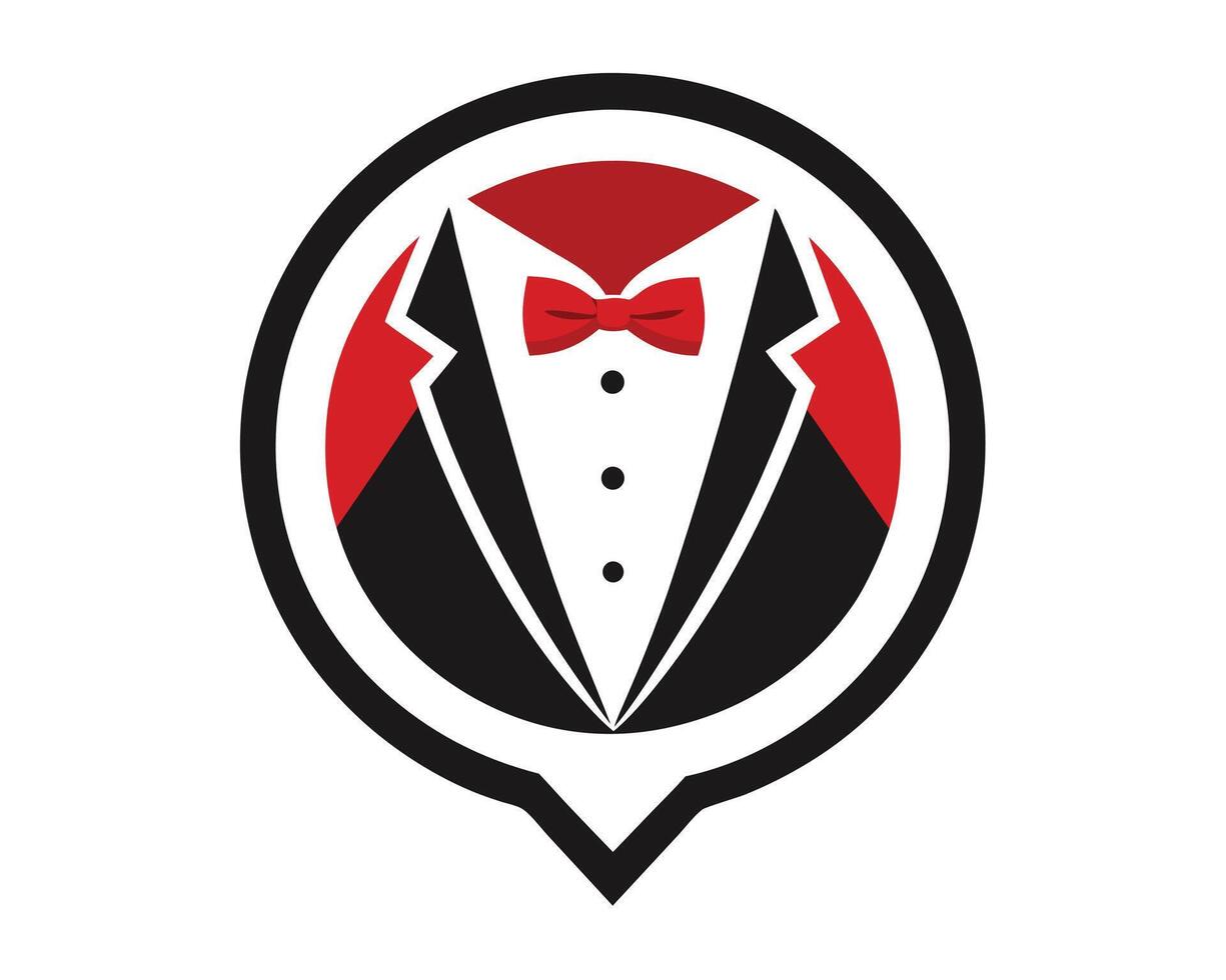 Stylish and elegant tuxedo logo design with red bow tie and round frame concept vector