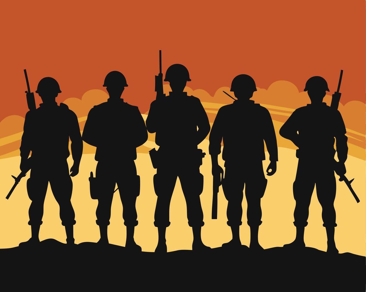 Silhouetted soldiers standing together against sunset sky symbolizing strength and unity vector