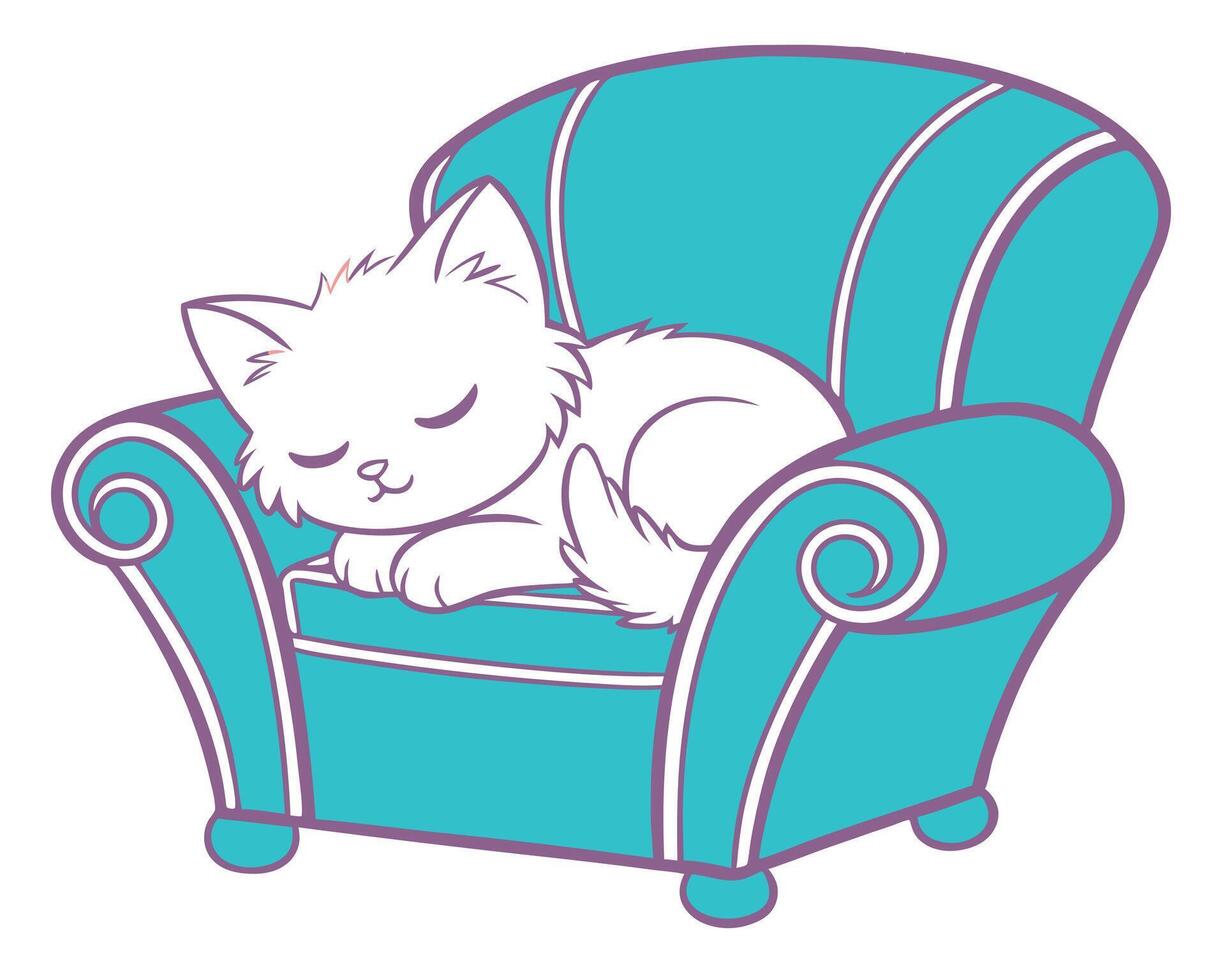 Adorable white cat sleeping comfortably on a stylish teal armchair illustration. vector