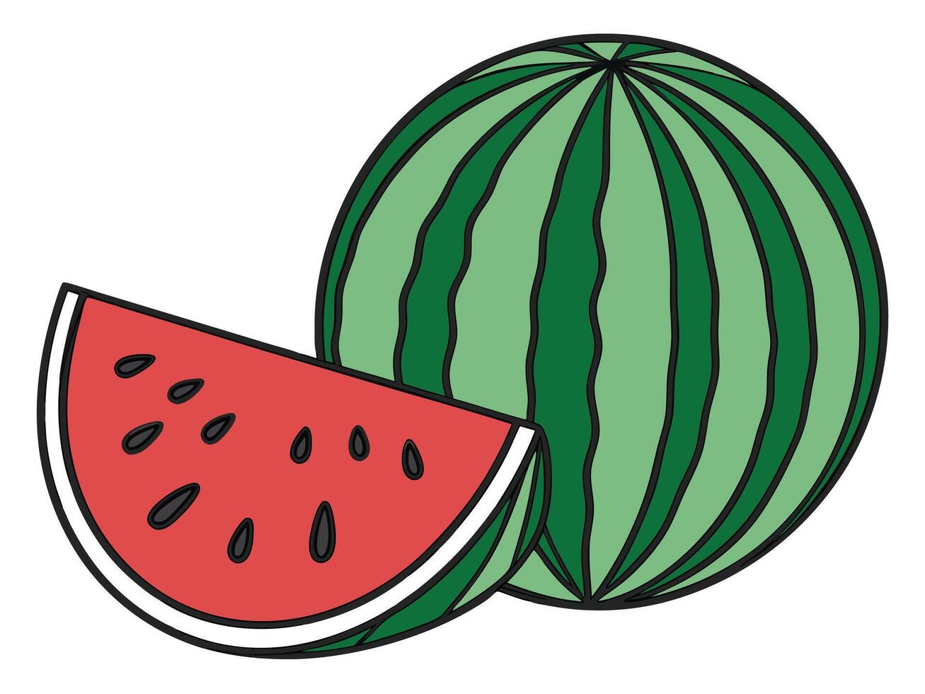 Freshly sliced watermelon and whole fruit illustration in a cartoonish and vibrant style vector