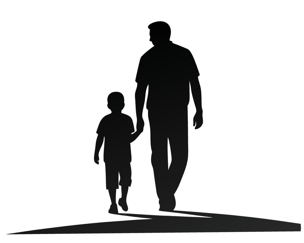 Silhouette of father and son walking together holding hands on white background vector