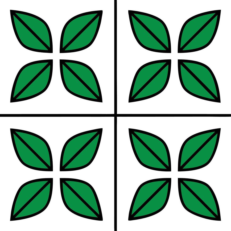 Repeating geometric pattern featuring green leaf motifs with black outlines on white background vector