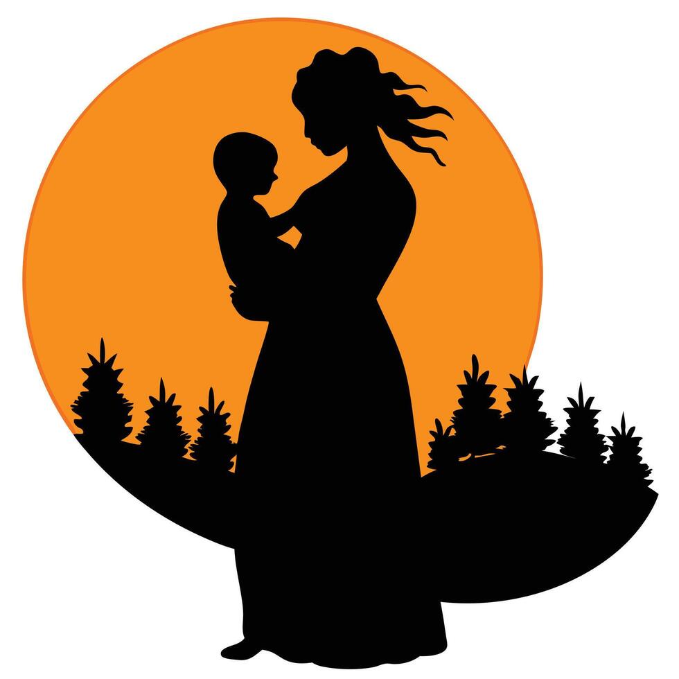Silhouette of a mother holding her baby with orange sunset and forest scene in the background vector