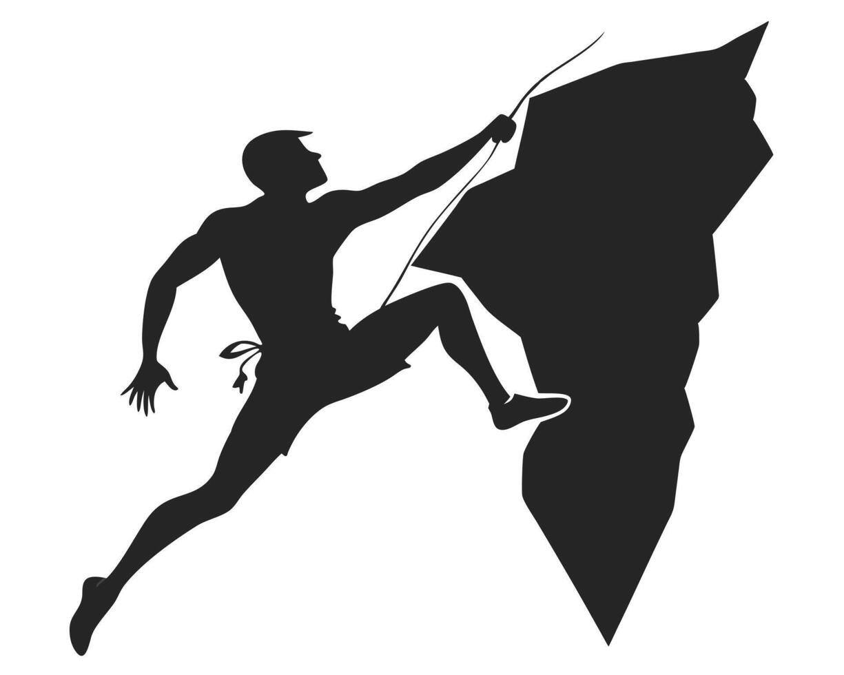 Silhouette of a rock climber ascending a cliff face with climbing rope and confidence vector
