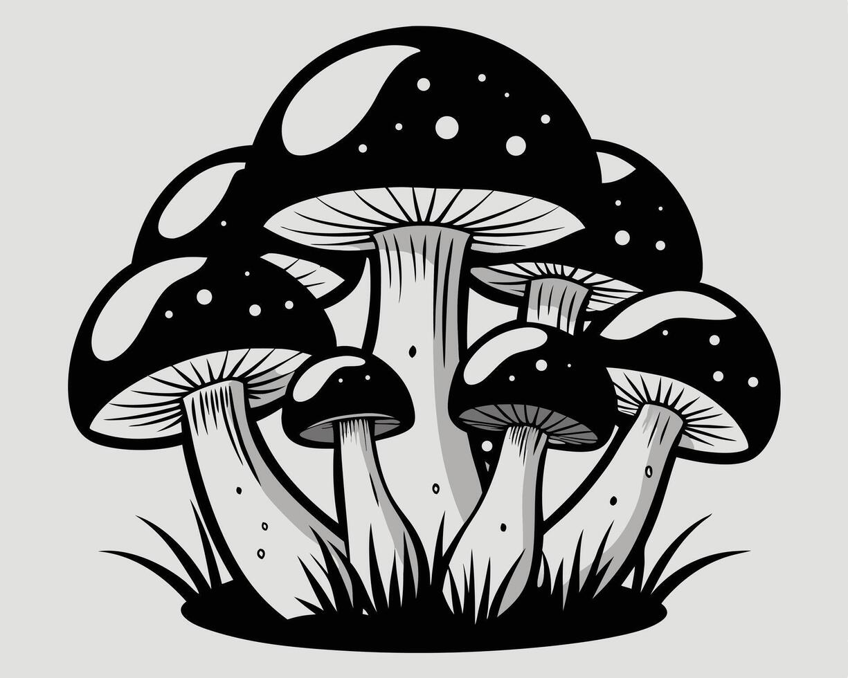 illustration of a cluster of stylized mushrooms with white spots growing from grass. vector
