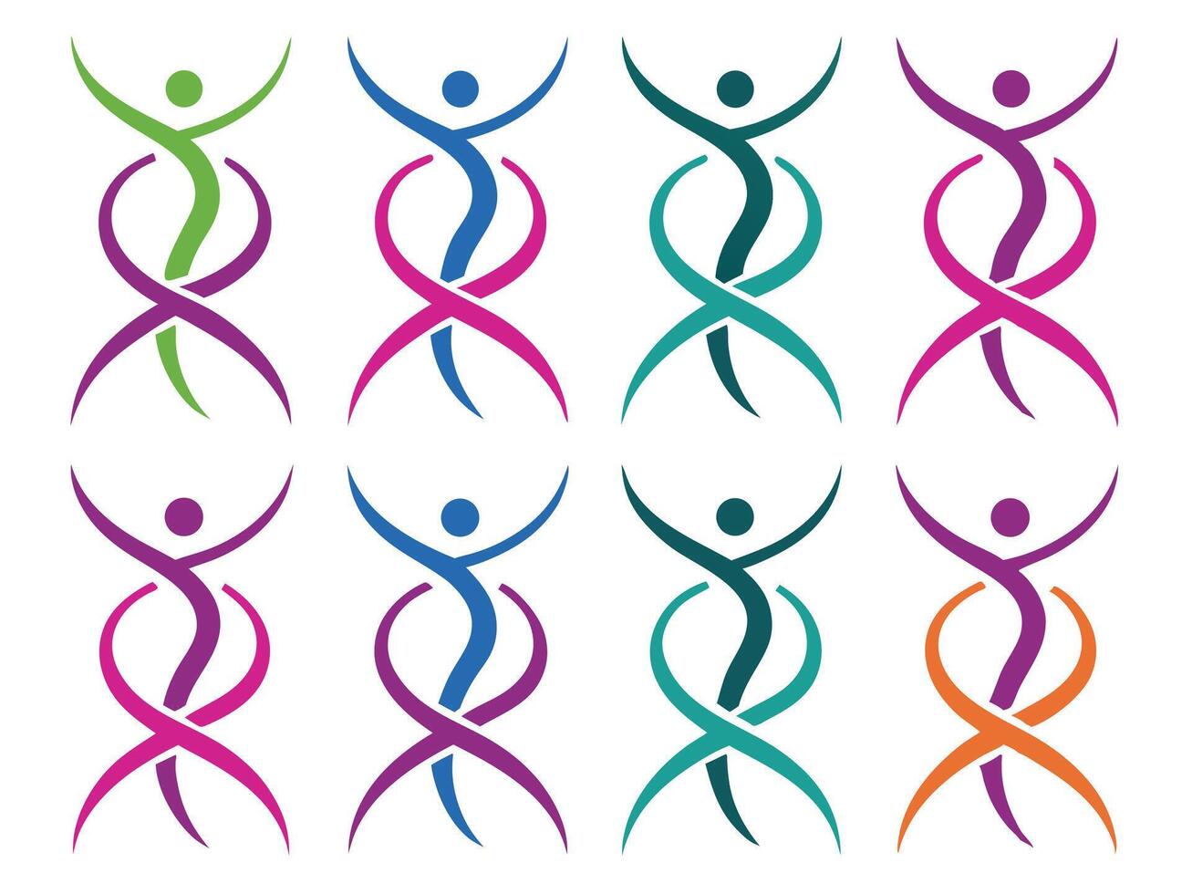 Abstract colorful human figure designs with arms raised in diverse color combinations against a white background. vector