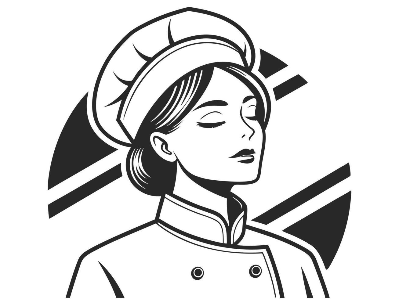 Elegant illustration of a female chef with eyes closed wearing a traditional hat and uniform design vector
