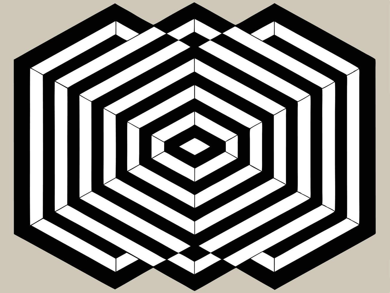 Abstract black and white geometric design featuring optical illusions and three dimensional hexagonal shapes vector