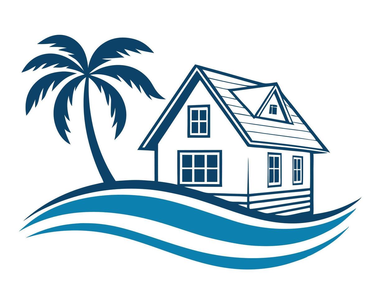 Coastal house with palm tree and ocean waves illustrating tropical vacation and real estate vector