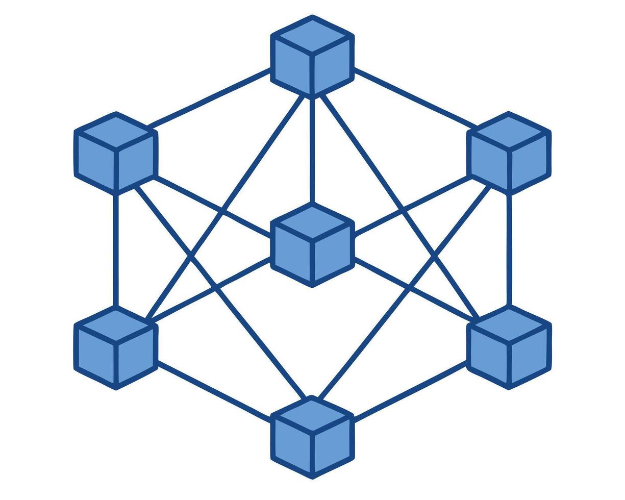 Abstract illustration of connected cubes representing a decentralized data network in blue. vector