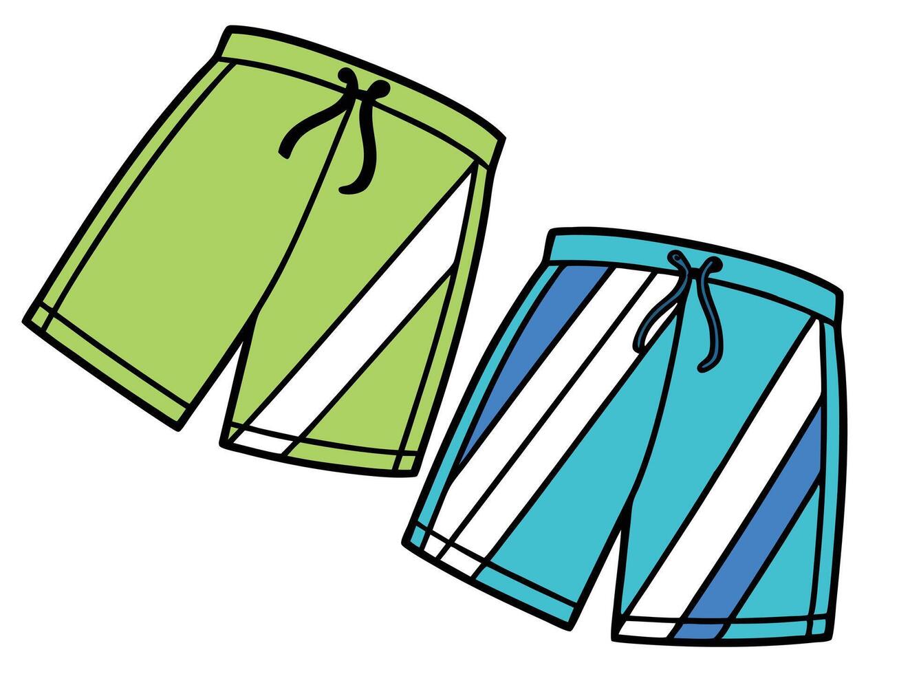 Two colorful swimming shorts with white stripes and drawstrings perfect for summer and beach vacations vector