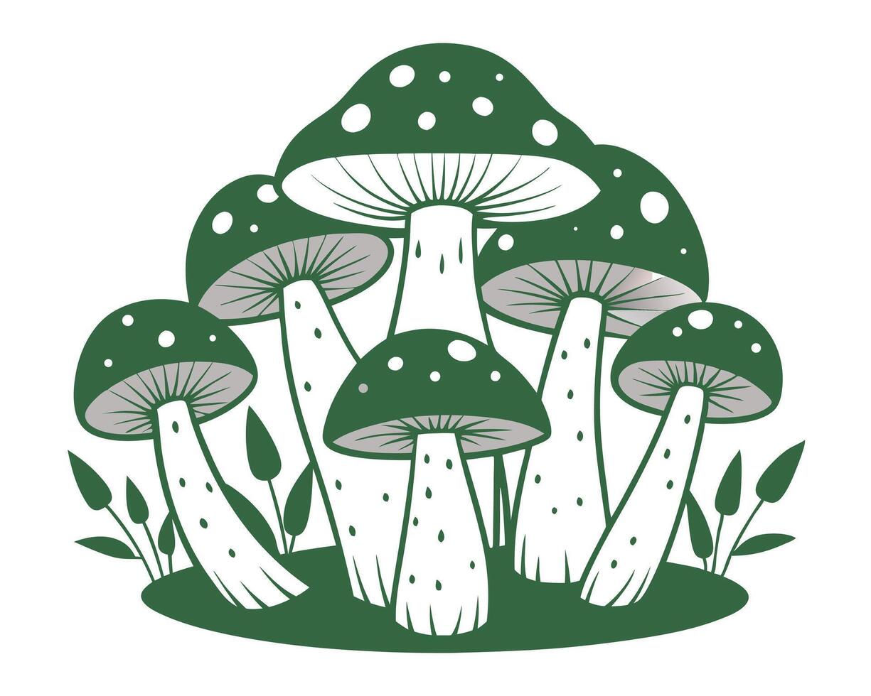 illustration of a group of detailed green mushrooms with white dotted caps and stems. vector