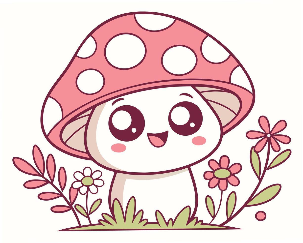 Cute smiling mushroom character with pink polka dot cap surrounded by flowers and greenery vector