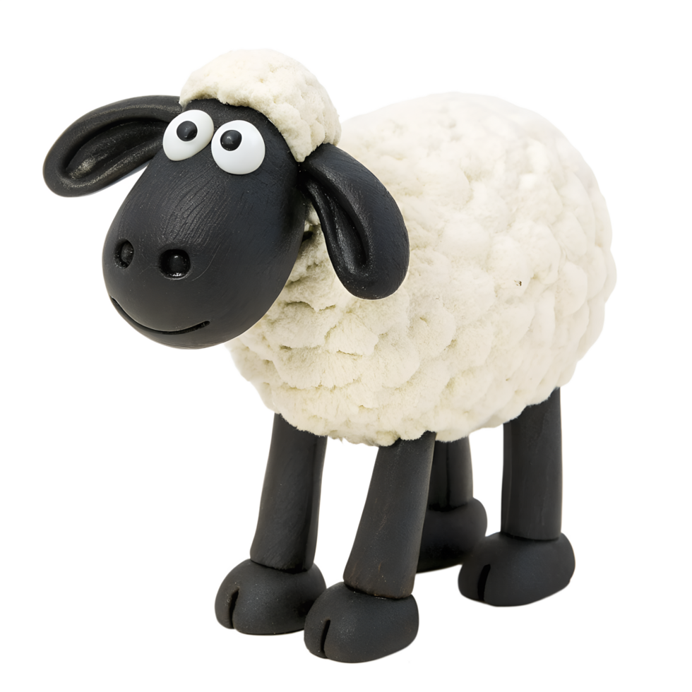 A clay sculpture of a black sheep with white fur. It is standing with its eyes wide open. png