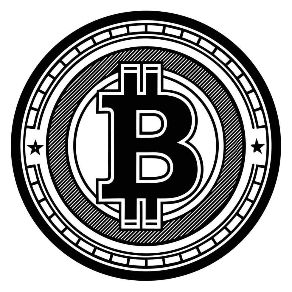 Bitcoin cryptocurrency emblem illustration showing a conceptual and detailed black and white design vector