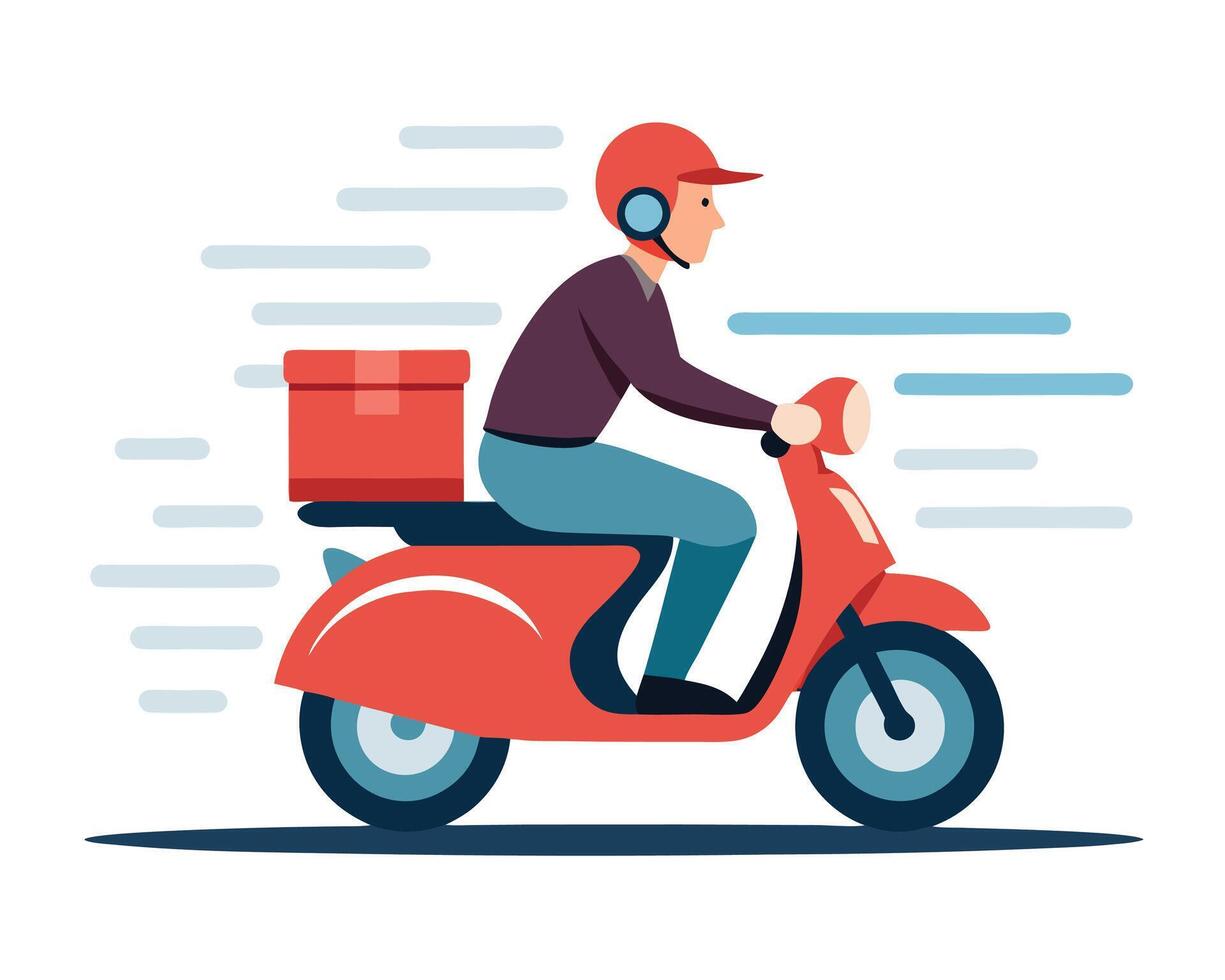 Delivery person on a scooter transporting a package with speed against a white background vector