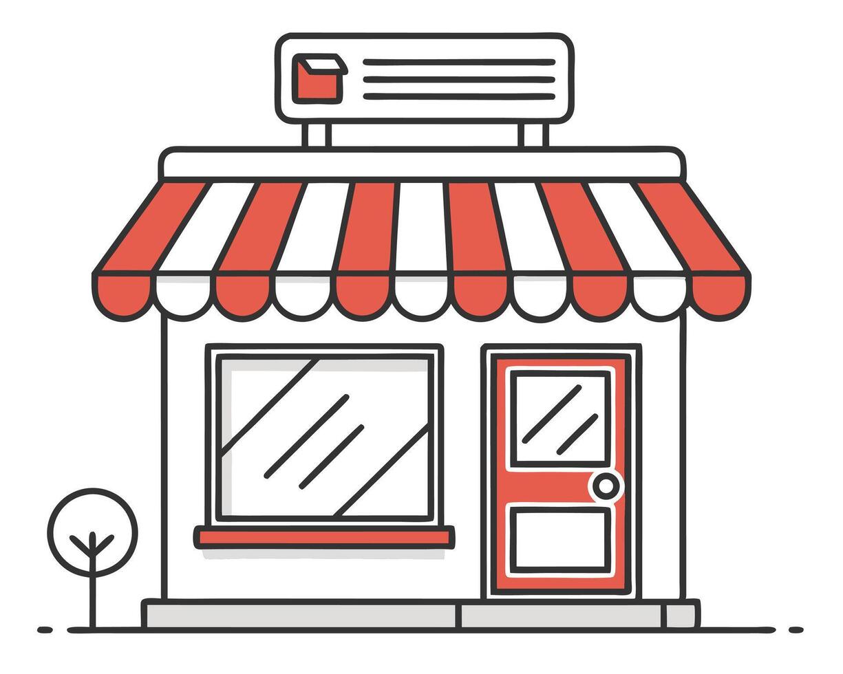 Illustrated cartoon shop building exterior with red and white awning and modern design vector