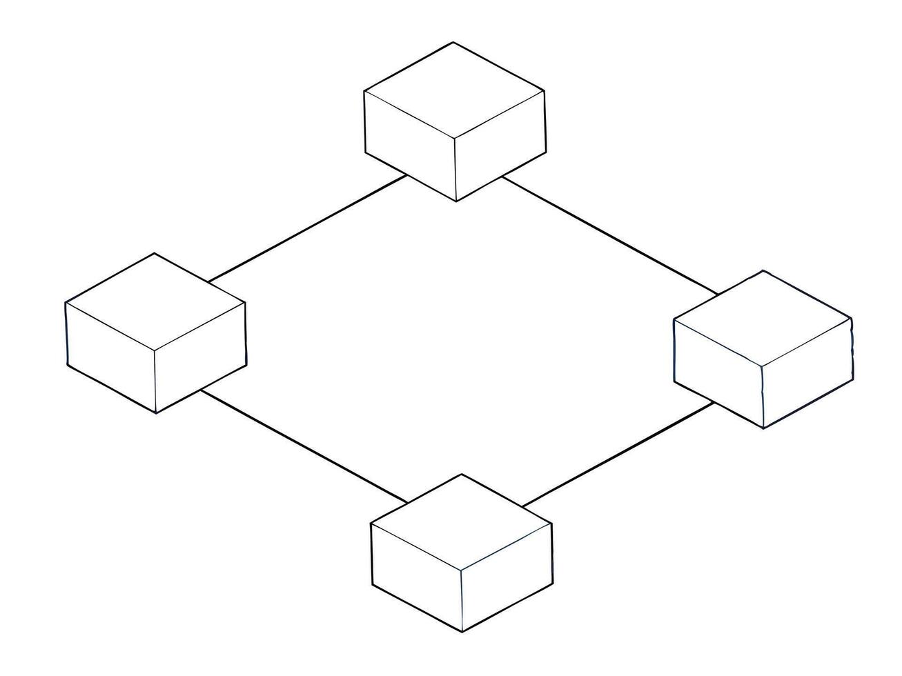 Simple geometric diagram illustrating connections between four cubes in a network structure vector