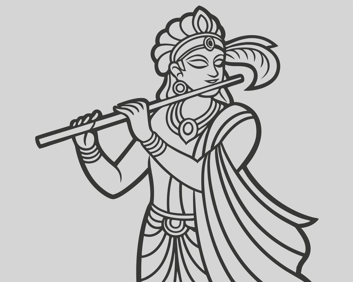 Elegant line art depiction of lord krishna playing the flute with grace vector