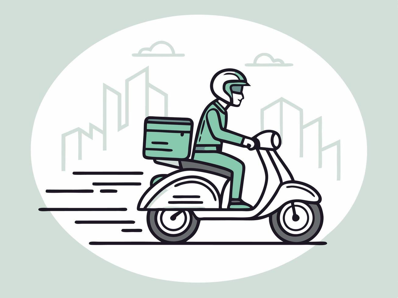 Courier on a scooter delivering package in the city with line art illustration vector