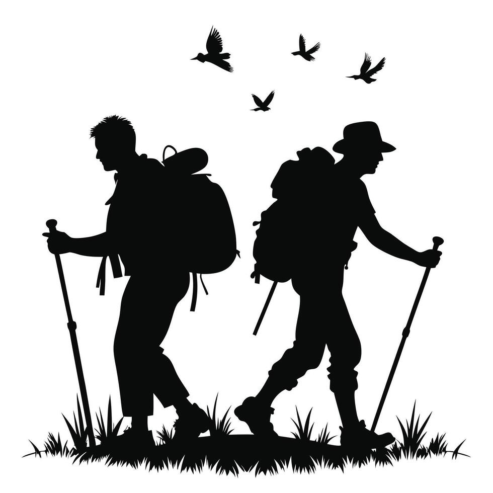 Silhouette of two hikers with backpacks hiking through the outdoors with birds flying overhead vector