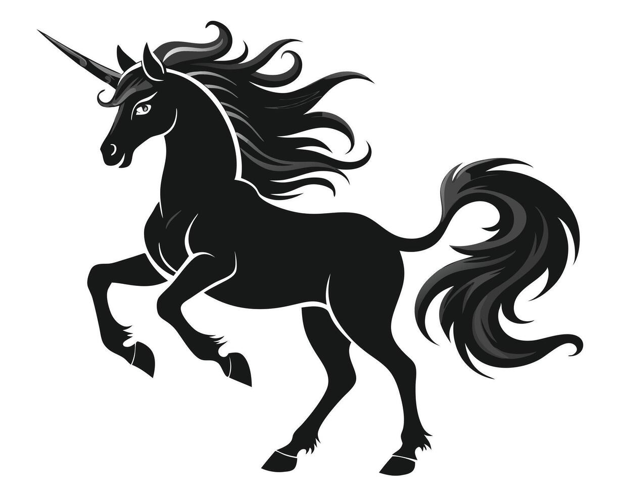 Elegant black unicorn silhouette illustration isolated on white background in dynamic pose vector