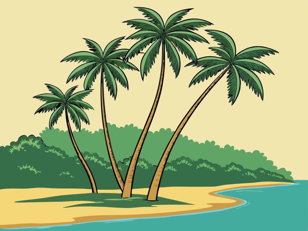 illustration of palm trees on a beach with water and lush green tropical foliage vector