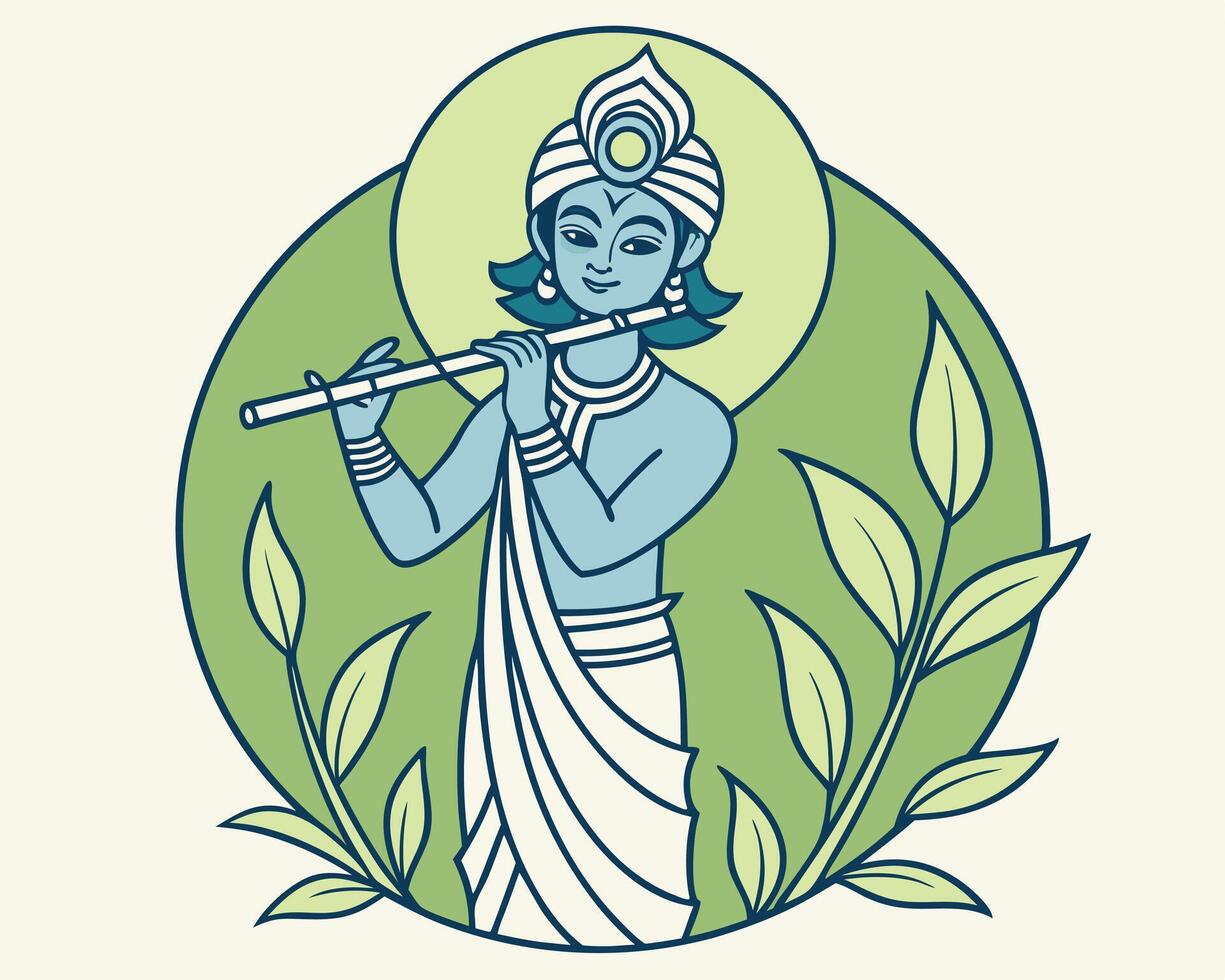 Divine illustration of lord krishna playing a flute with decorative floral elements in a circular design vector