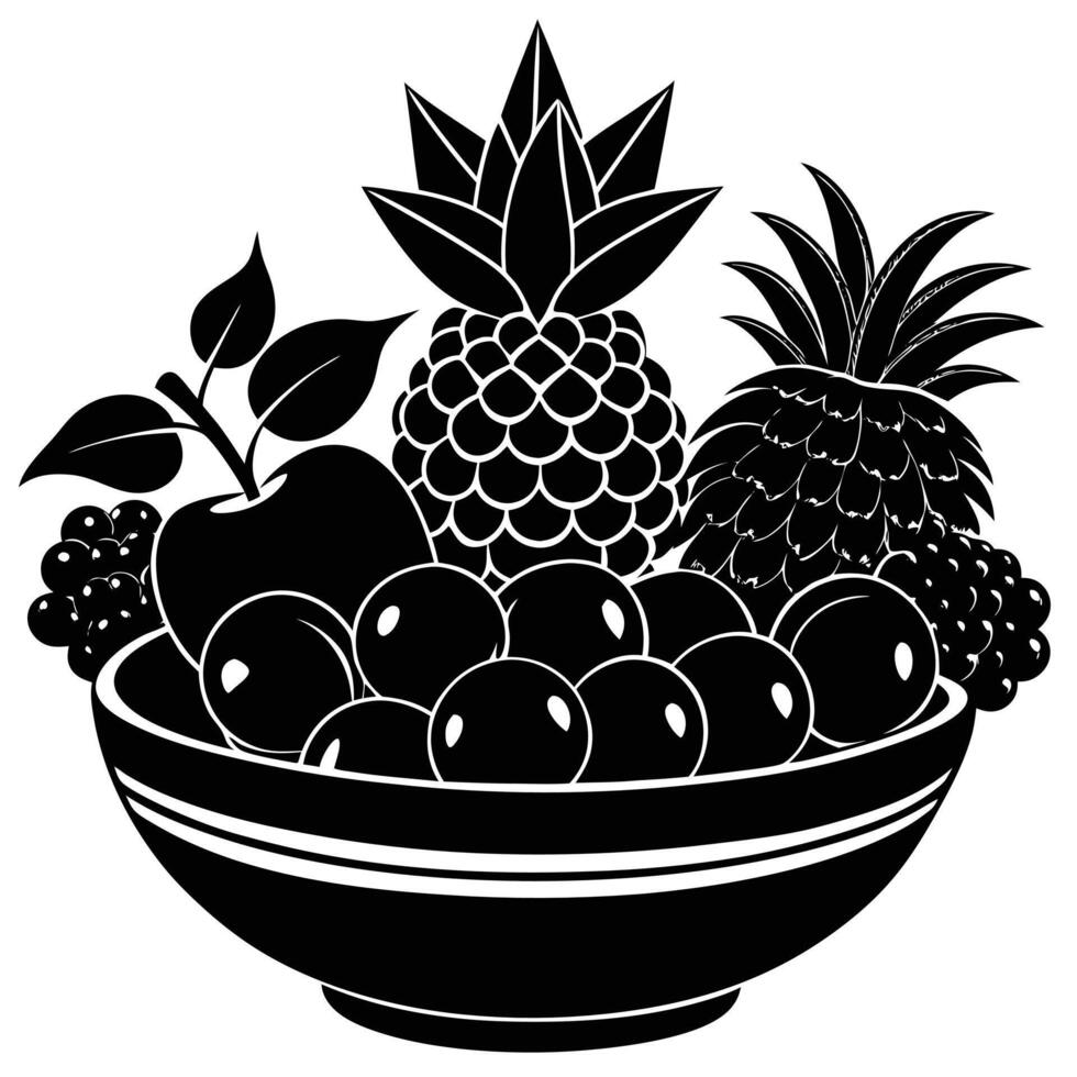 Black and white illustration of a bowl filled with an assortment of healthy fresh fruits vector