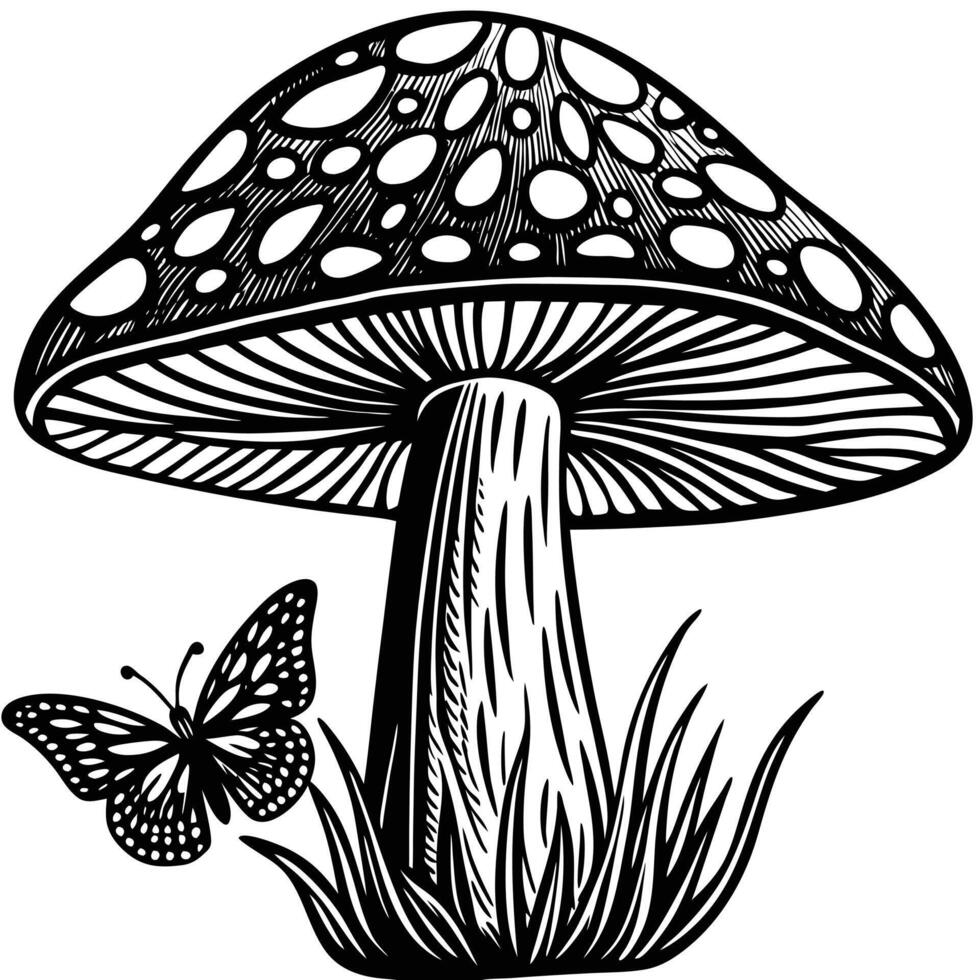 Black and white artistic illustration of a mushroom with a butterfly and grass in the forest vector