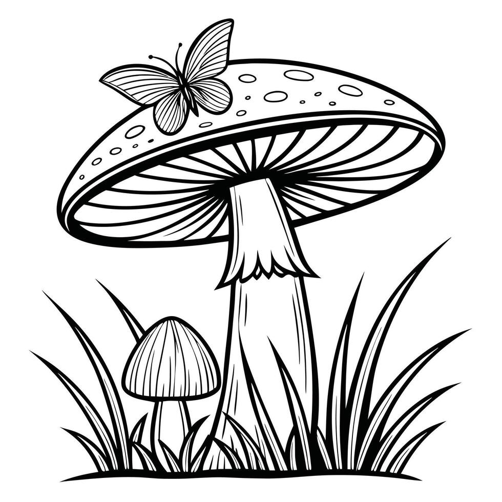 Simple and elegant illustration featuring a butterfly atop a large mushroom and other small mushrooms. vector