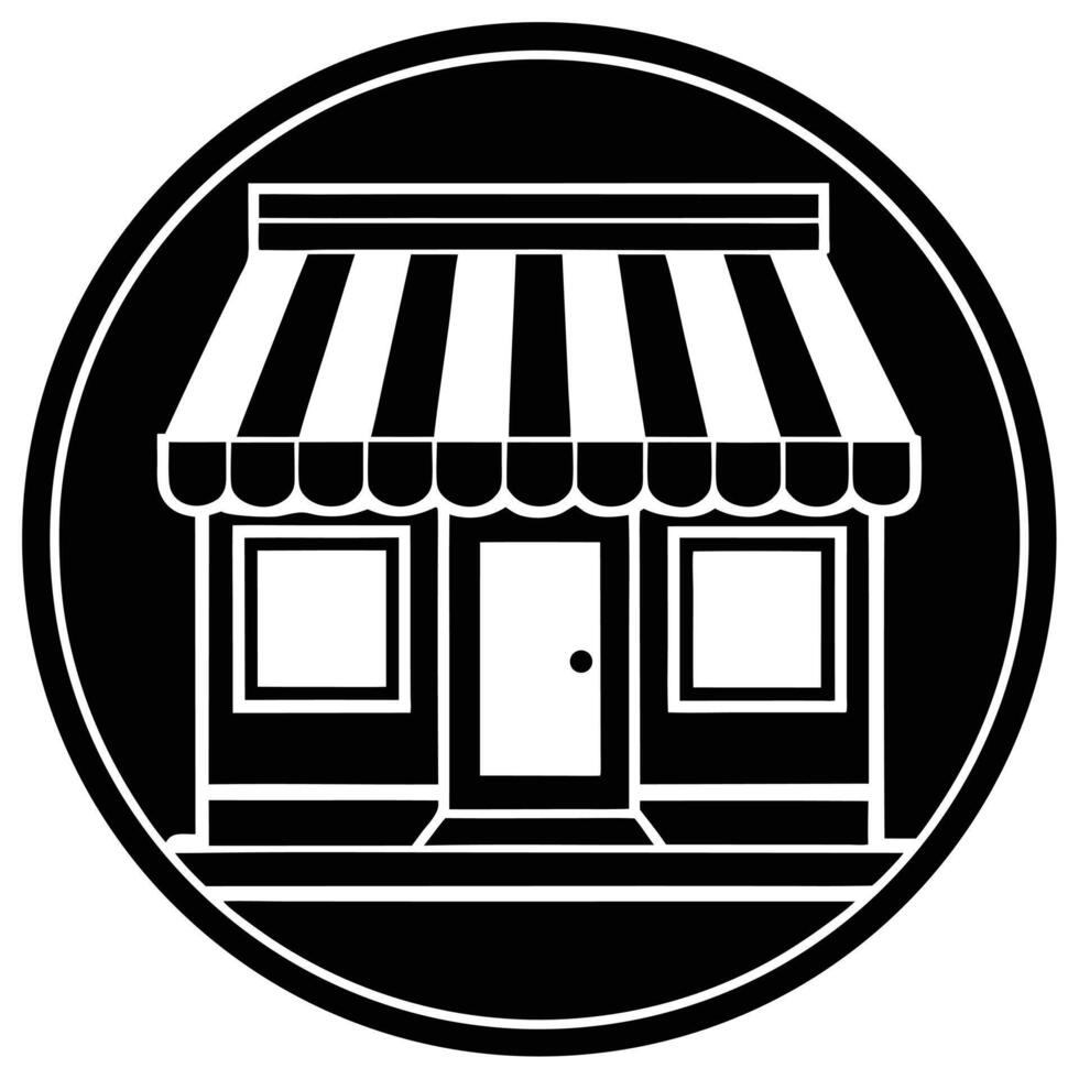 Simple black and white illustration of a shopfront or store in a circular emblem design vector