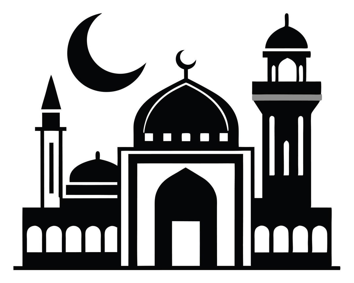 Simple black silhouette of mosque with crescent moon suitable for islamic religious events vector