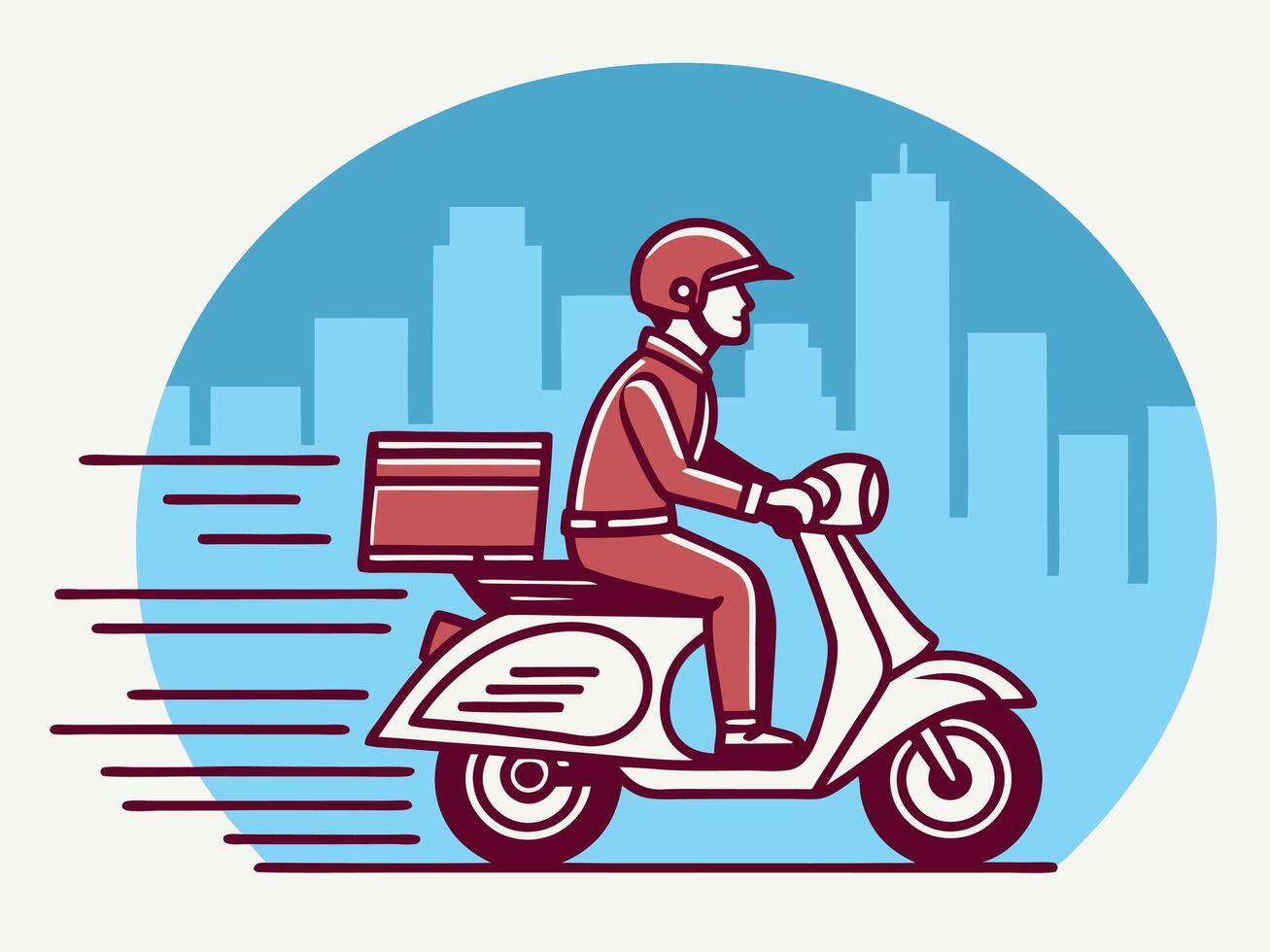 Delivery person riding a scooter through the city delivering food or packages quickly. vector