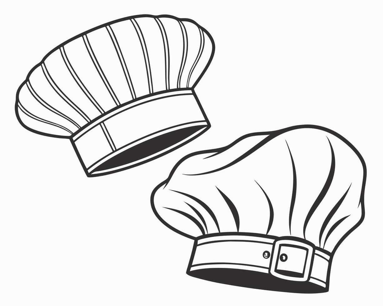 Two detailed black and white illustrations of chef hats or cook hats. vector