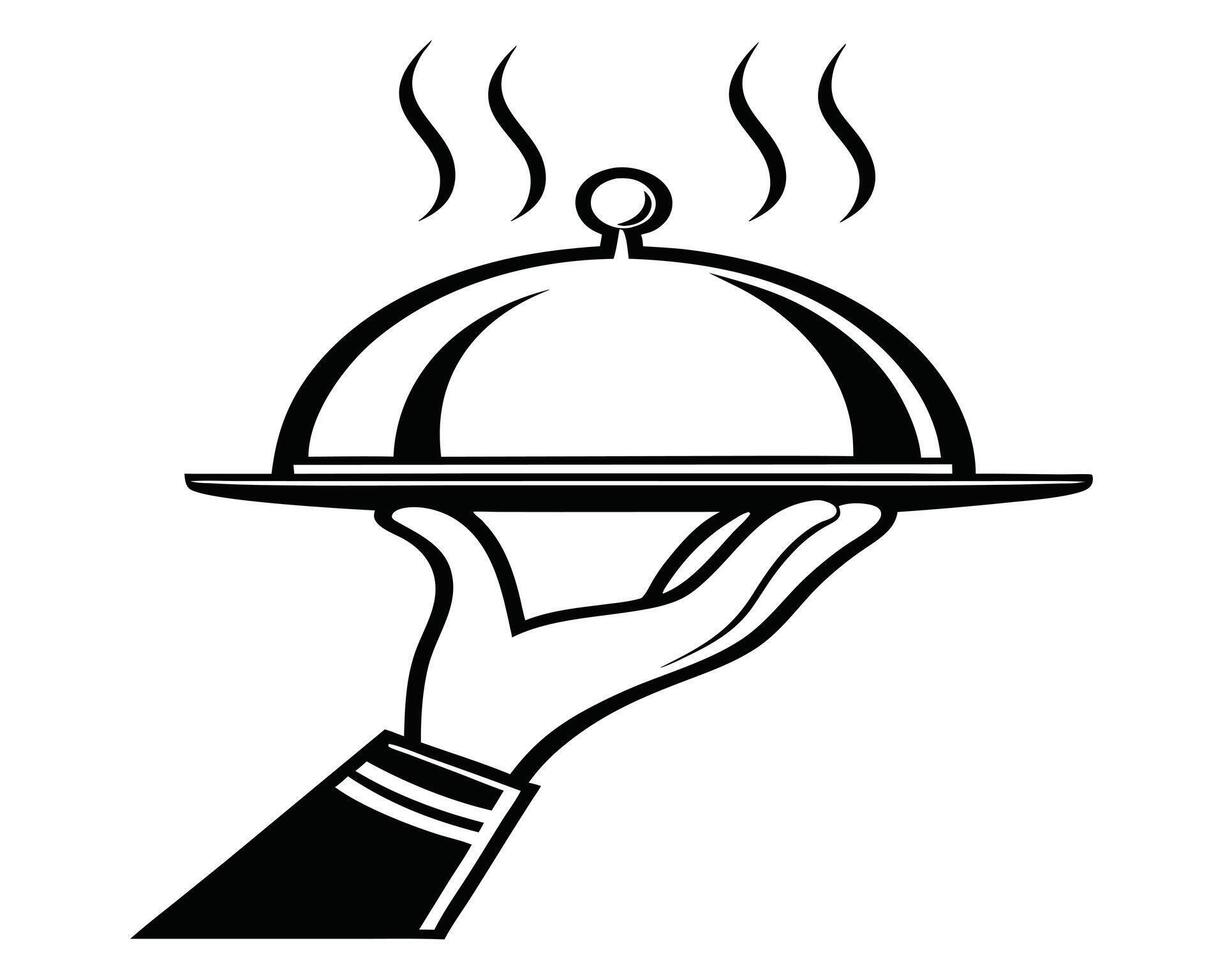 A hand holding a covered serving platter with steam representing hot food icon. vector